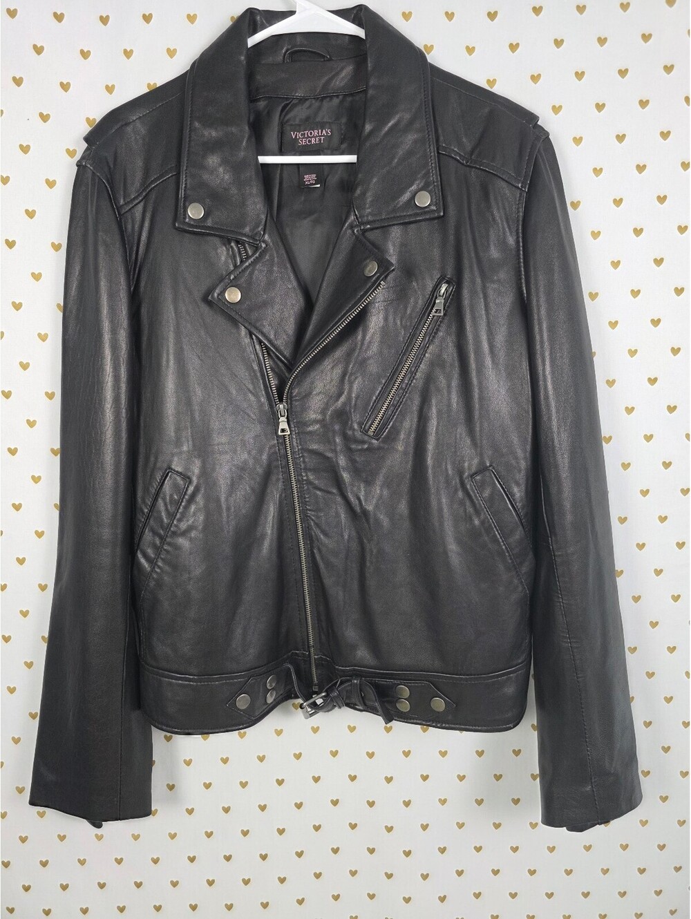 Victoria's Secret Genuine Leather Moto Jacket Black Biker Buckle XL